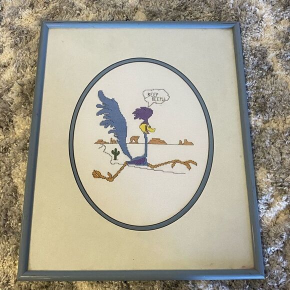 Framed Vintage Needlepoint cross stitch Road Runner BEEP BEEP Looney Tunes art - Picture 1 of 10